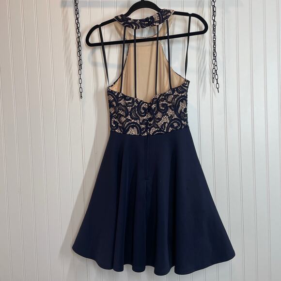 B Darlin Navy Blue Lace Strappy Halter Glitter Fit & Flare Dress Junior's 7/8 - Picture 5 of 9